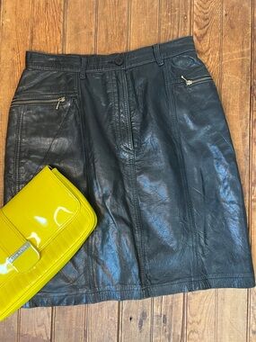 Vintage 90s Black Leather Mini Skirt with Zip Detail by Alfred Sung